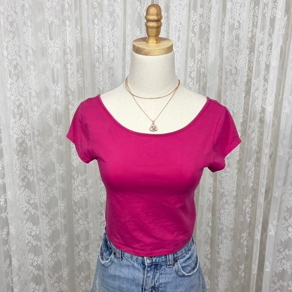 American Eagle Barbie Pink Criss Cross Back Short Sleeve Top Women's M Preppy